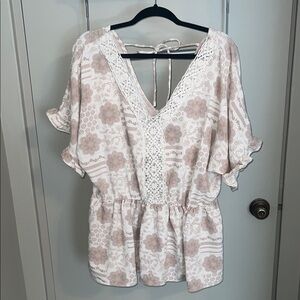 Buckle Floral Lace Blouse - Cream and Brown